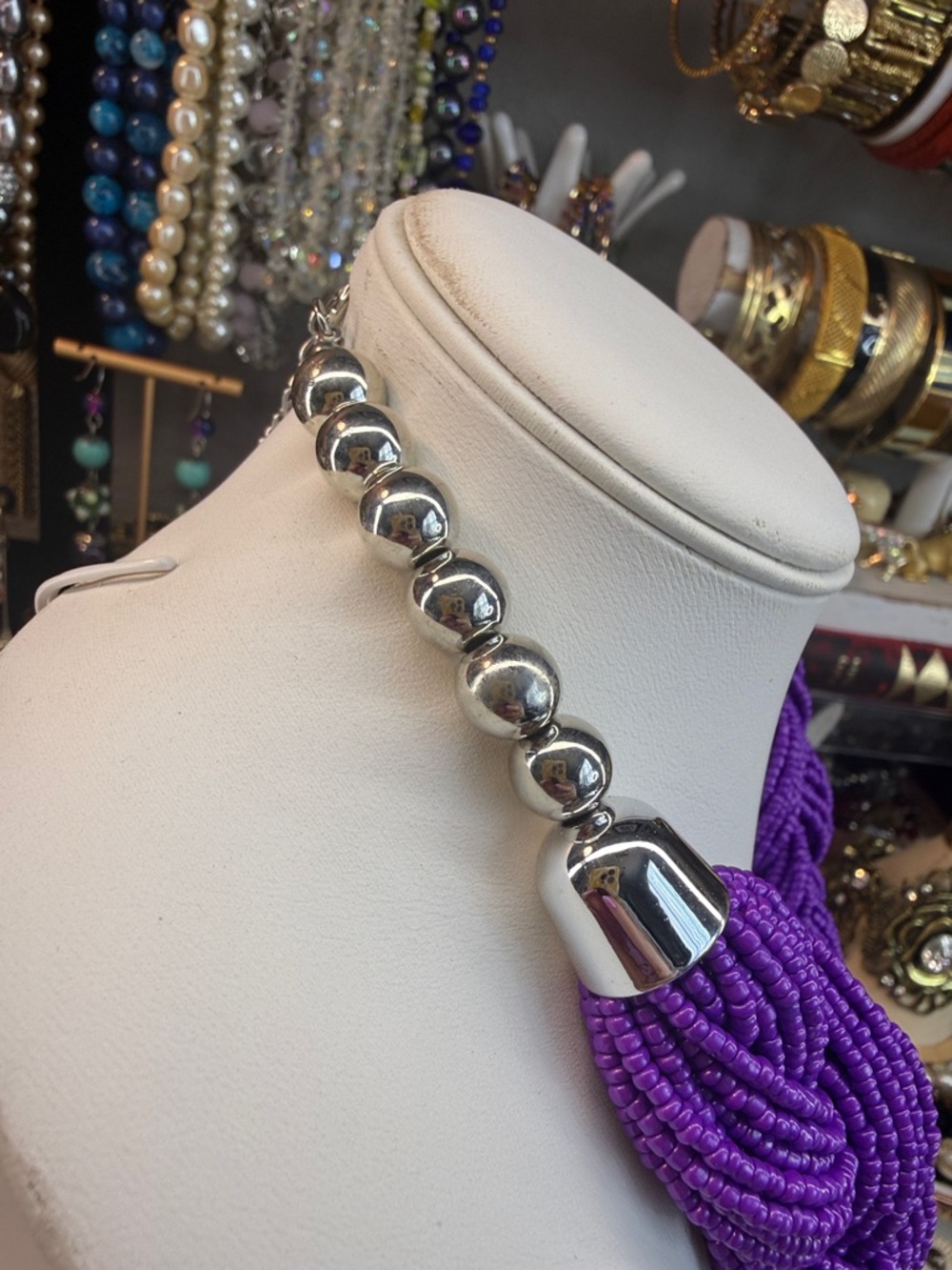 New Braided Beaded Statement Necklace - Purple - Picture 3 of 4
